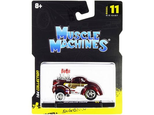 1941 Willys Coupe Gasser "Competition Cams" Red Metallic and White 1/64 Diecast Model Car by Muscle Machines free shipping USA - Rapid Vehicles