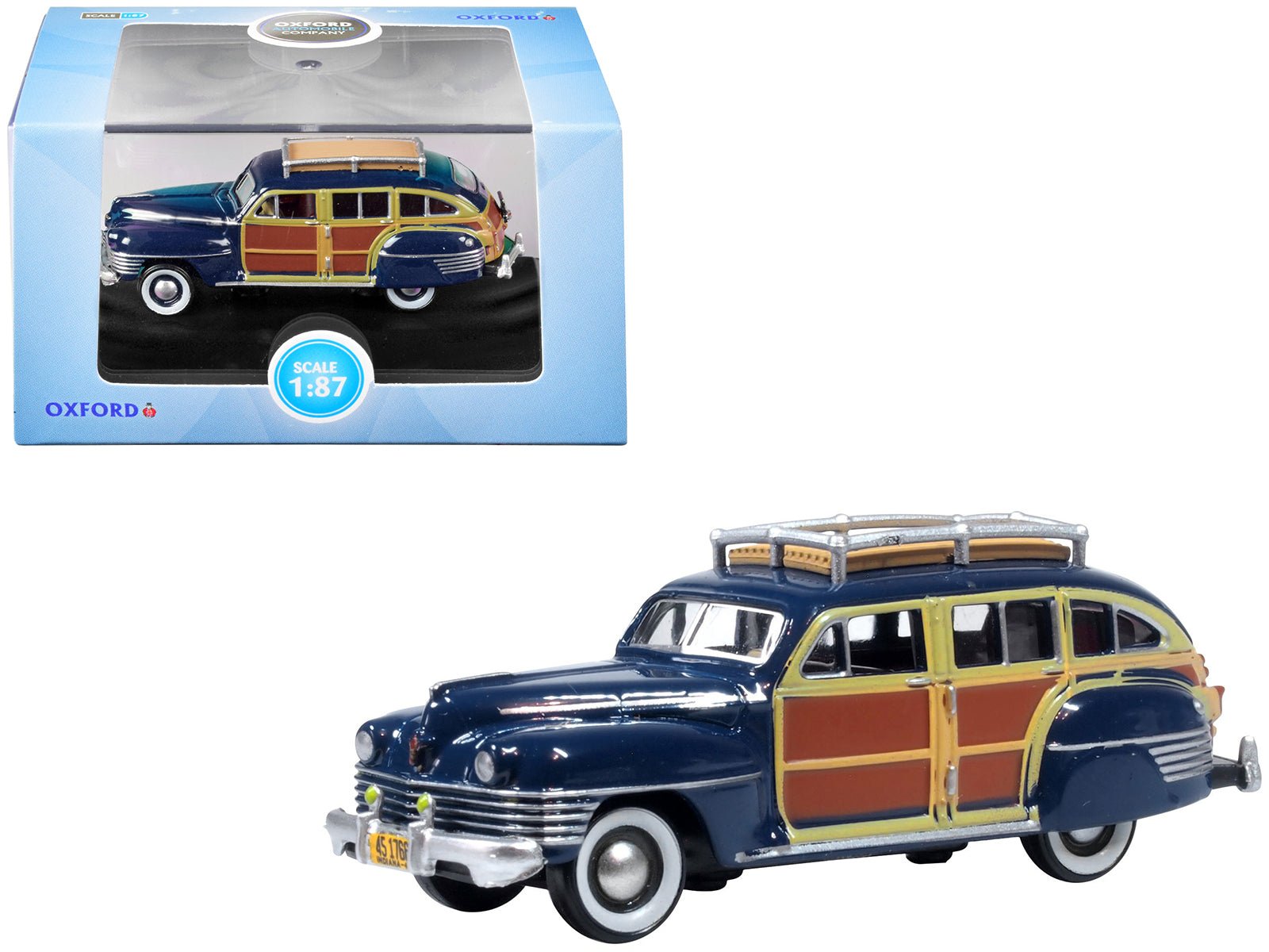1942 Chrysler Town & Country Woody Wagon South Sea Blue with Wood Panels and Roof Rack 1/87 (HO) Scale Diecast Model Car by Oxford Diecast free shipping USA - Rapid Vehicles