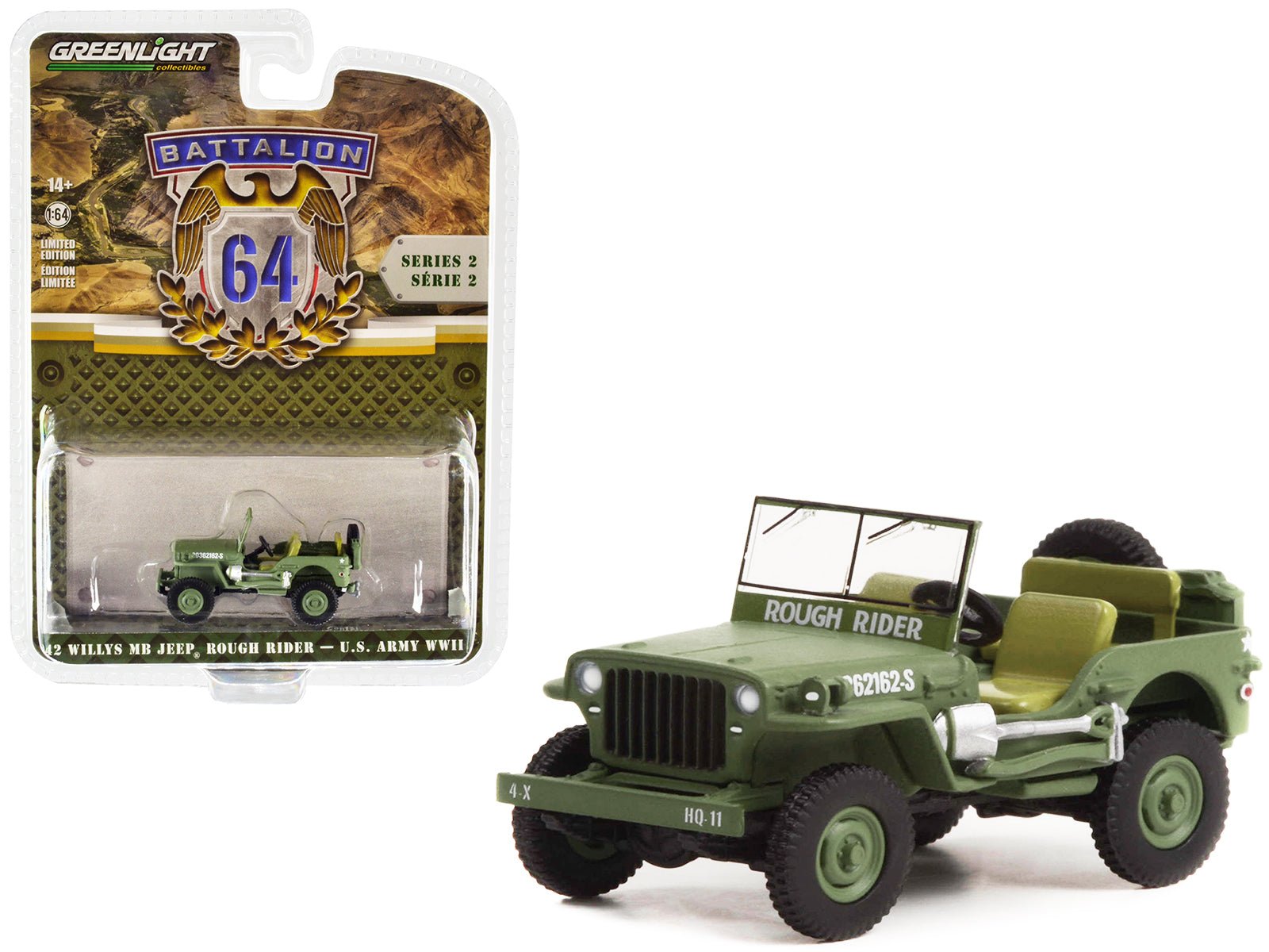 1942 Willys MB Jeep 20362162 - S Green "U.S. Army World War II - Rough Rider" "Battalion 64" Release 2 1/64 Diecast Model Car by Greenlight free shipping USA - Rapid Vehicles
