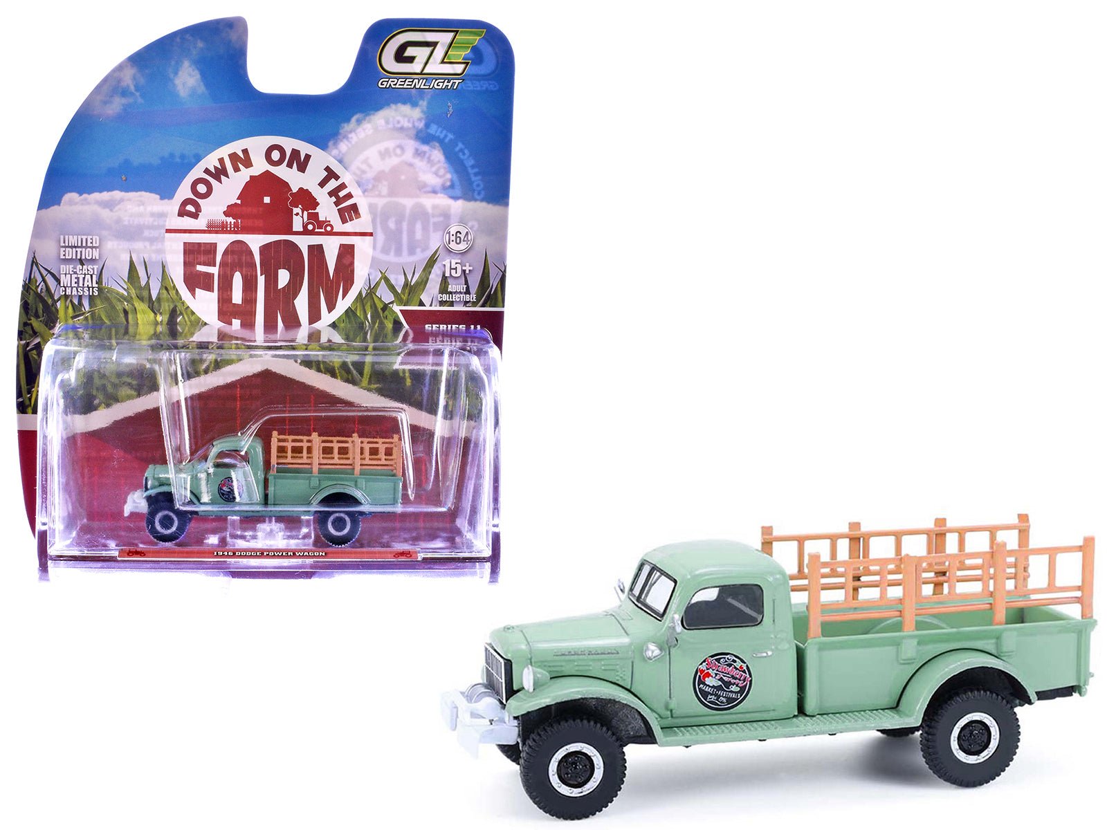1946 Dodge Power Wagon Pickup Truck "Strawberry Farm" Green "Down on the Farm" Series 11 1/64 Diecast Model by Greenlight free shipping USA - Rapid Vehicles