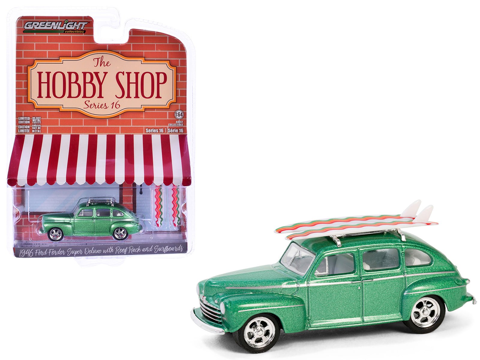 1946 Ford Fordor Super Deluxe Green Metallic with White Interior and Roof Rack with Surfboards "The Hobby Shop" Series 16 1/64 Diecast Model Car by Greenlight free shipping USA - Rapid Vehicles