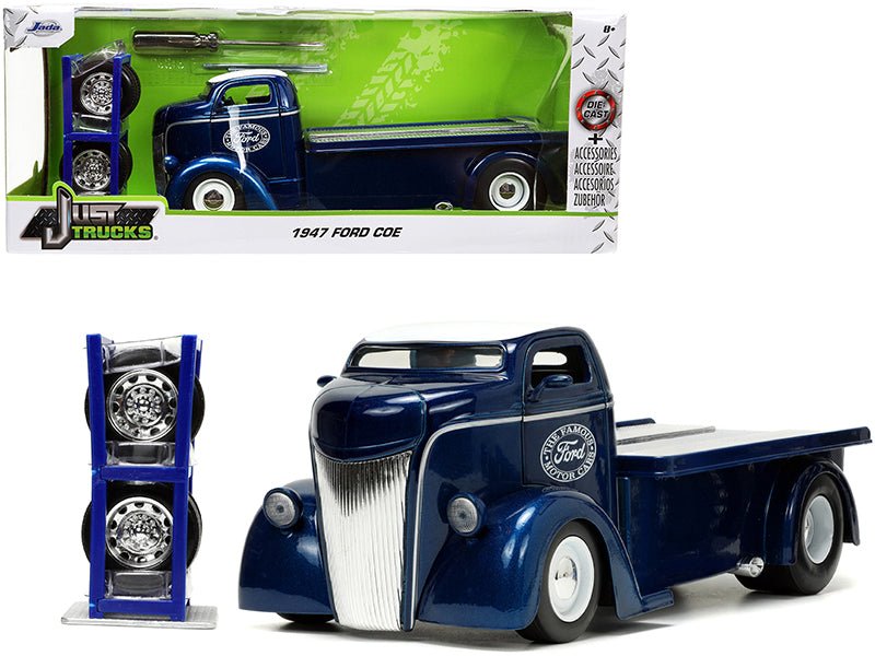 1947 Ford COE Flatbed Truck Dark Blue Metallic with White Top "The Famous Motor Cars" with Extra Wheels "Just Trucks" Series 1/24 Diecast Model by Jada free shipping USA - Rapid Vehicles