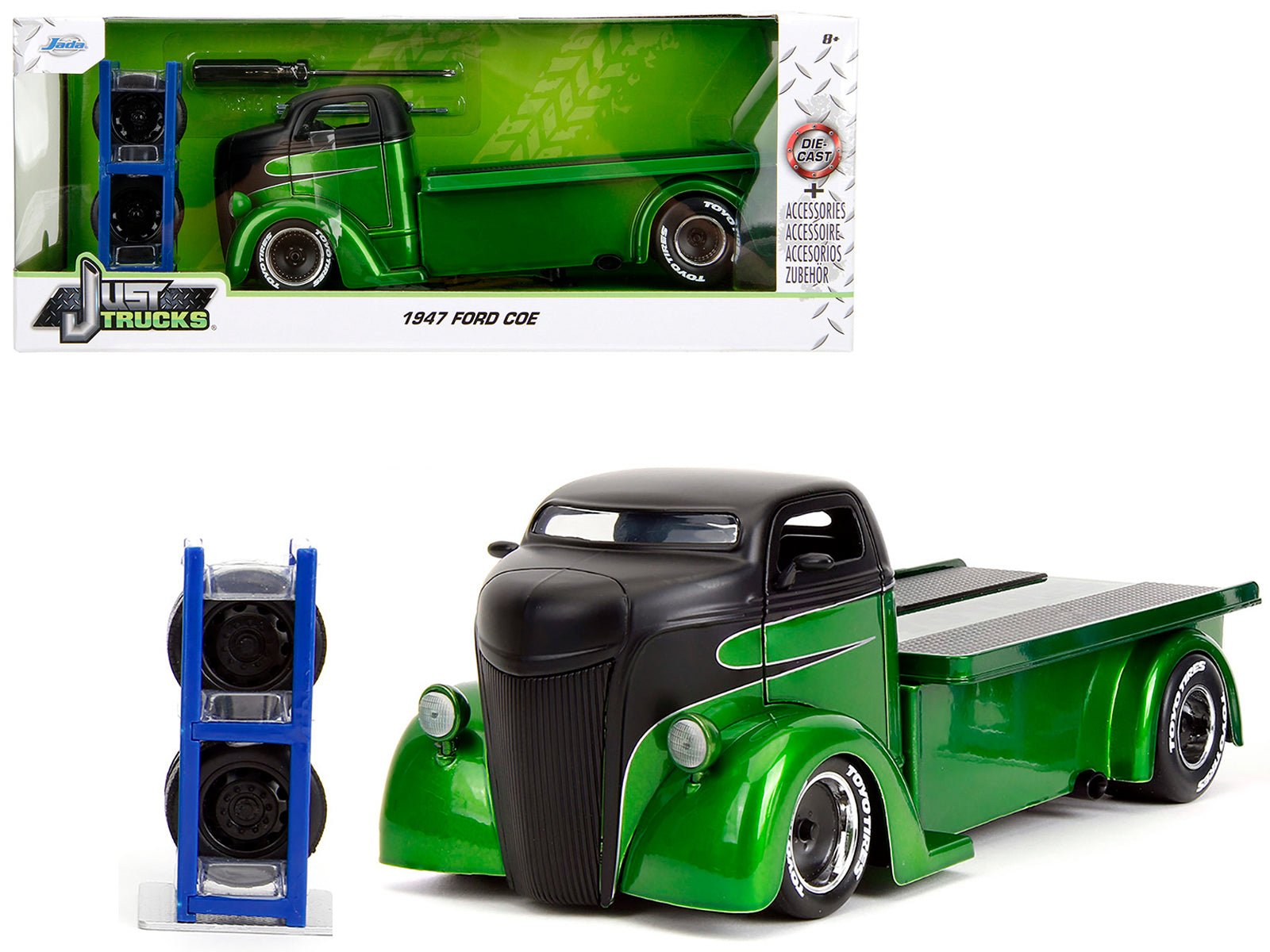 1947 Ford COE Flatbed Truck Green Metallic and Matt Black "Toyo Tires" with Extra Wheels "Just Trucks" Series 1/24 Diecast Model Car by Jada free shipping USA - Rapid Vehicles