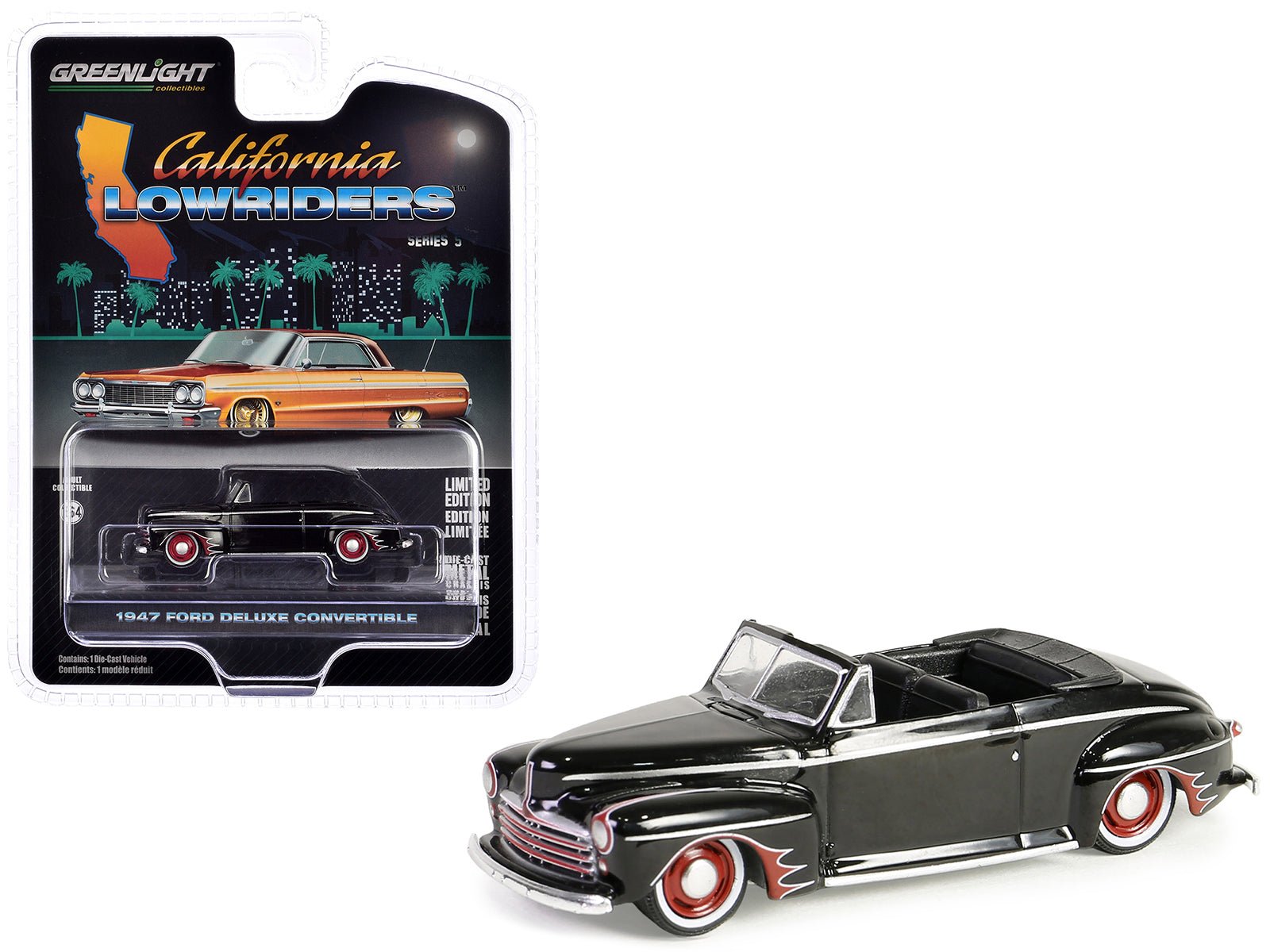1947 Ford Deluxe Convertible Lowrider Black wit h Red Graphics "California Lowriders" Series 5 1/64 Diecast Model Car by Greenlight free shipping USA - Rapid Vehicles