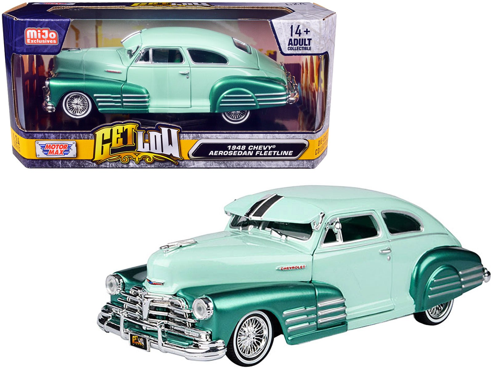 1948 Chevrolet Aerosedan Fleetside Lowrider Pastel Green and Green Metallic Two-Tone "Get Low" Series 1/24 Diecast Model Car by Motormax free shipping USA - Rapid Vehicles