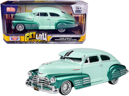 1948 Chevrolet Aerosedan Fleetside Lowrider Pastel Green and Green Metallic Two-Tone "Get Low" Series 1/24 Diecast Model Car by Motormax free shipping USA - Rapid Vehicles