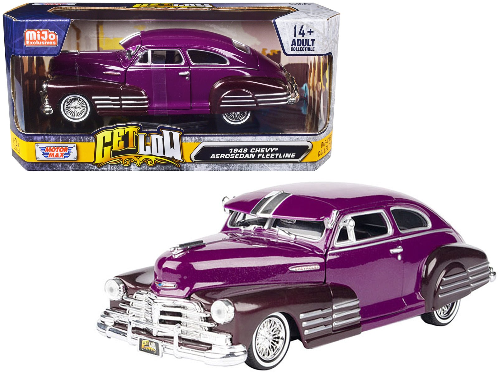 1948 Chevrolet Aerosedan Fleetside Lowrider Purple Metallic and Dark Purple Metallic Two - Tone "Get Low" Series 1/24 Diecast Model Car by Motormax free shipping USA - Rapid Vehicles