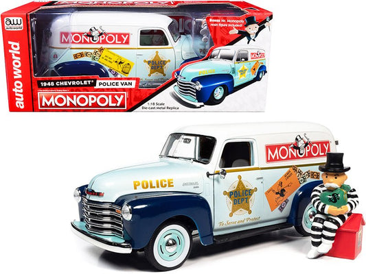 1948 Chevrolet Panel Police Van with Mr. Monopoly Figurine "Monopoly" 1/18 Diecast Model Car by Auto World free shipping USA - Rapid Vehicles