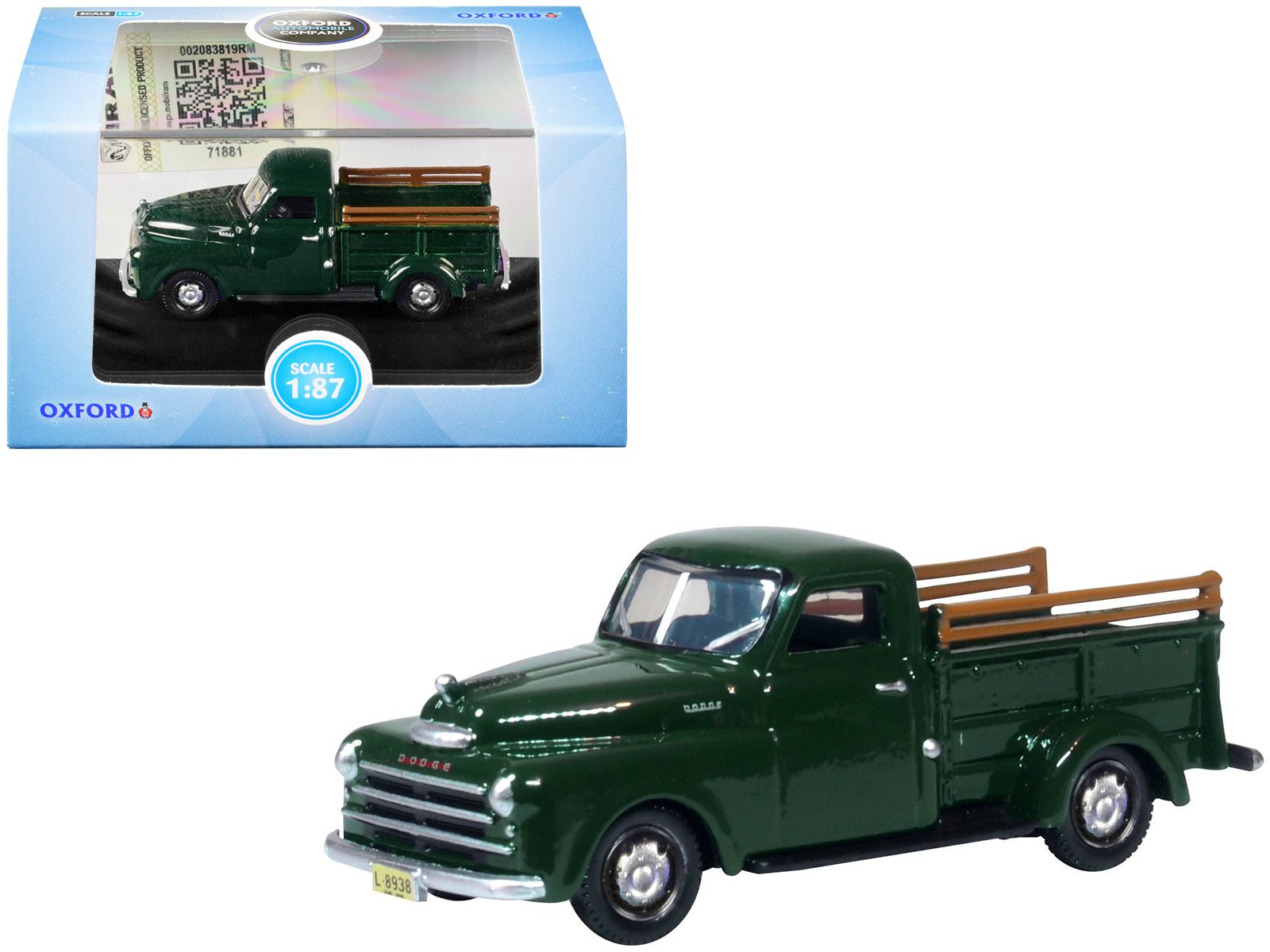 1948 Dodge B - 1B Pickup Truck Dark Green 1/87 (HO) Scale Diecast Model Car by Oxford Diecast free shipping USA - Rapid Vehicles