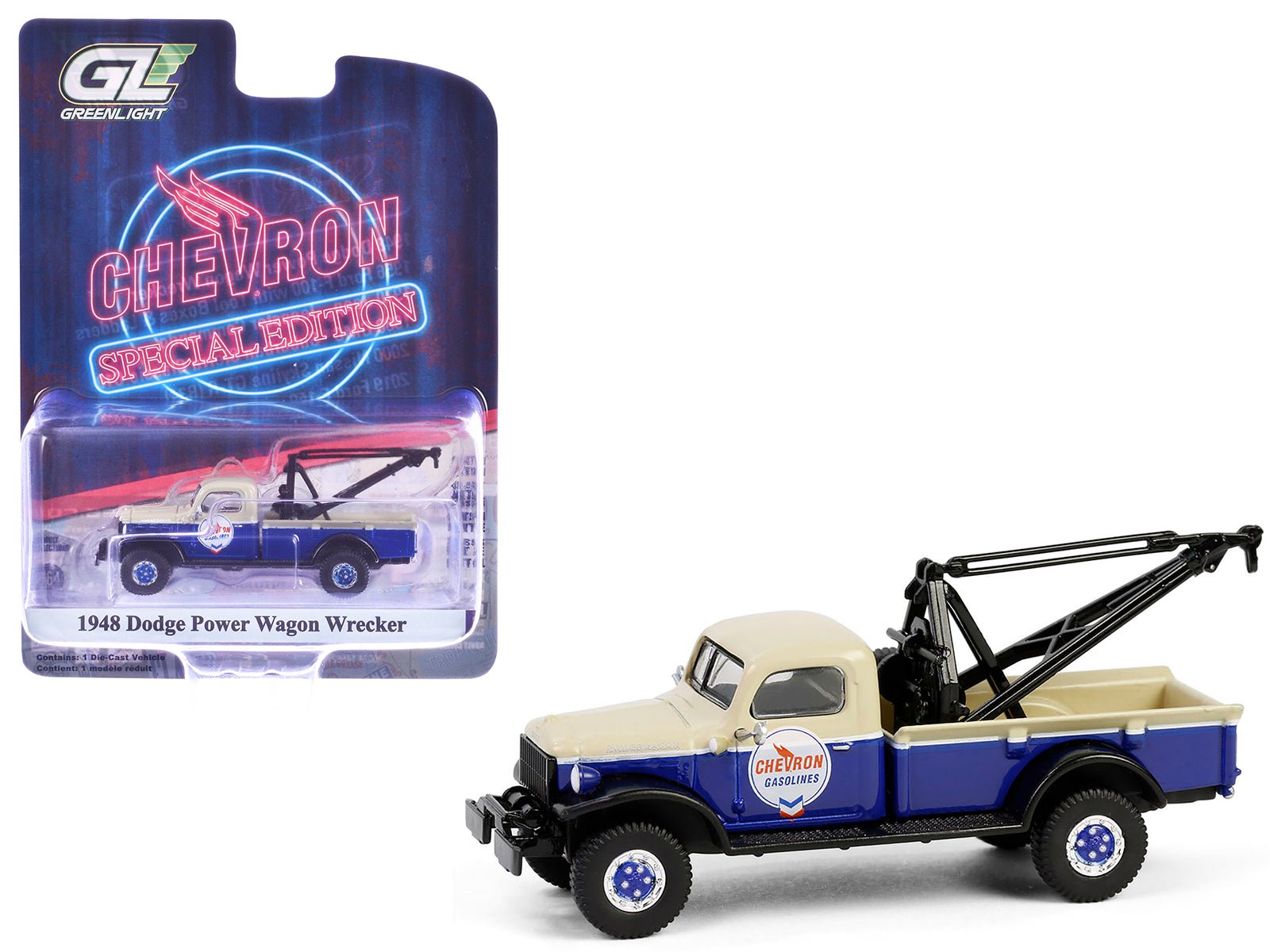 1948 Dodge Power Wagon Wrecker Tow Truck Beige and Blue "Chevron Special Edition" Series 1 1/64 Diecast Model Car by Greenlight free shipping USA - Rapid Vehicles