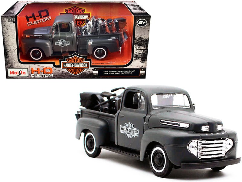 1948 Ford F-1 Pickup Truck and 1942 Harley-Davidson WLA Flathead Motorcycle Matt Dark Gray "Harley-Davidson Custom" 1/24 Diecast Models by Maisto free shipping USA - Rapid Vehicles