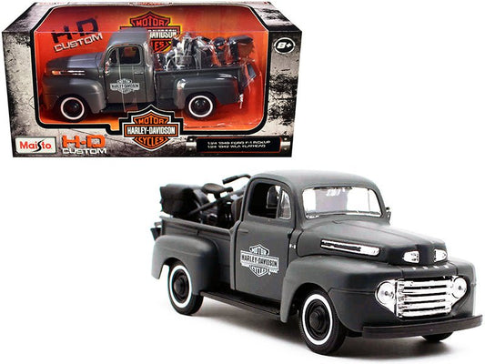 1948 Ford F-1 Pickup Truck and 1942 Harley-Davidson WLA Flathead Motorcycle Matt Dark Gray "Harley-Davidson Custom" 1/24 Diecast Models by Maisto free shipping USA - Rapid Vehicles