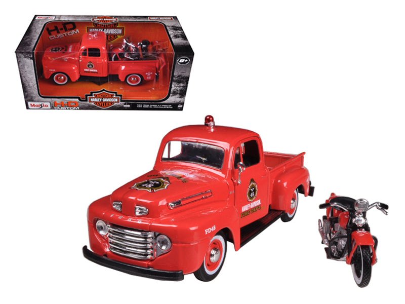 1948 Ford F-1 Pickup Truck "Harley Davidson" Fire Truck and 1936 El Knucklehead Motorcycle 1/24 Diecast Models by Maisto free shipping USA - Rapid Vehicles