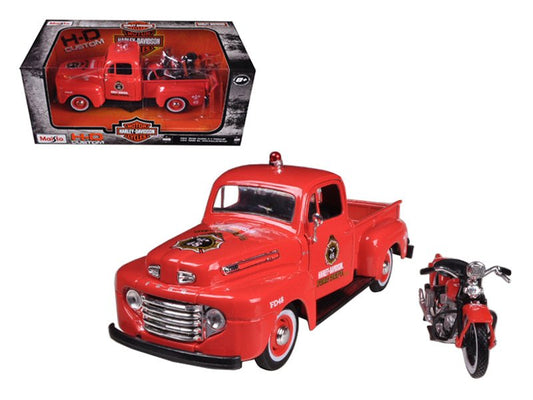 1948 Ford F-1 Pickup Truck "Harley Davidson" Fire Truck and 1936 El Knucklehead Motorcycle 1/24 Diecast Models by Maisto free shipping USA - Rapid Vehicles
