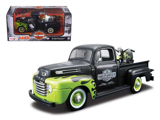 1948 Ford F-1 Pickup Truck "Harley Davidson" with 1948 Harley Davidson FL Panhead Motorcycle Black and Green 1/24 Diecast Models by Maisto free shipping USA - Rapid Vehicles