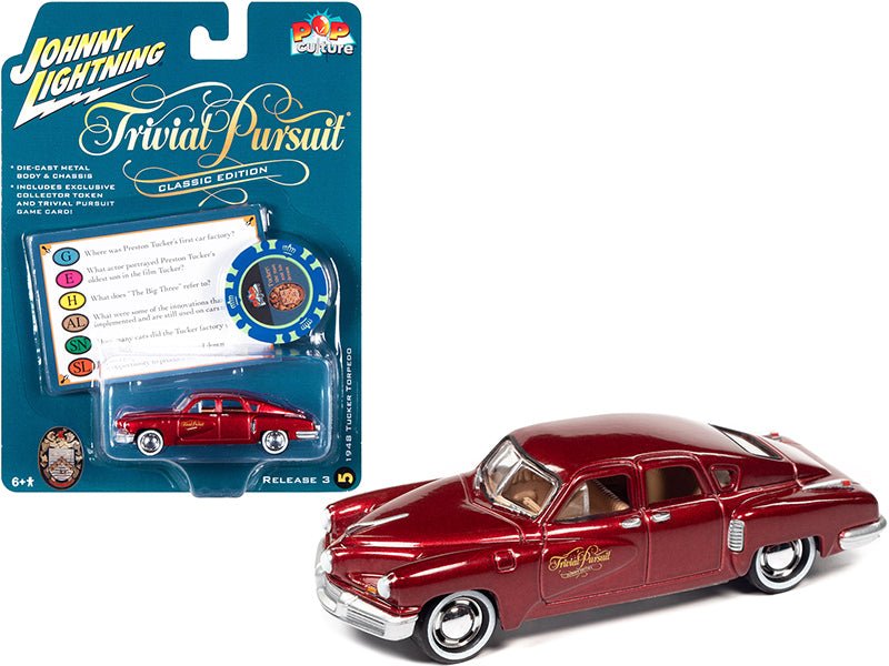 1948 Tucker Torpedo Red Maroon Metallic "Tucker: The Man and His Dream" (1988) Movie with Poker Chip (Collector Token) and Game Card "Trivial Pursuit" "Pop Culture" Series 3 1/64 Diecast Model Car by Johnny Lightning free shipping USA - Rapid Vehicles