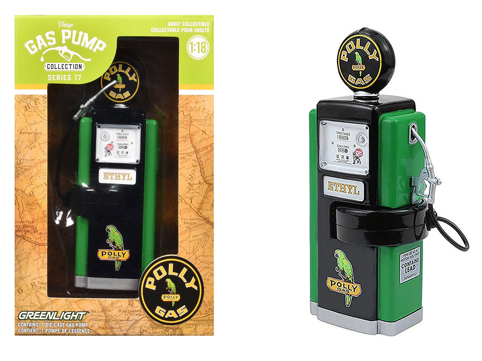 1948 Wayne 100 - A Gas Pump "Polly Gas" Black and Green "Vintage Gas Pumps" Series 17 1/18 Diecast Replica by Greenlight free shipping USA - Rapid Vehicles
