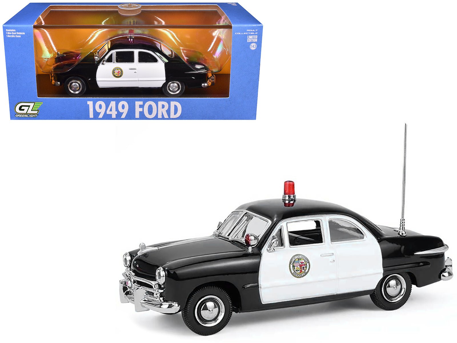 1949 Ford Custom Police Car "LAPD (Los Angeles Police Department)" Black and White 1/43 Diecast Model Car by Greenlight free shipping USA - Rapid Vehicles