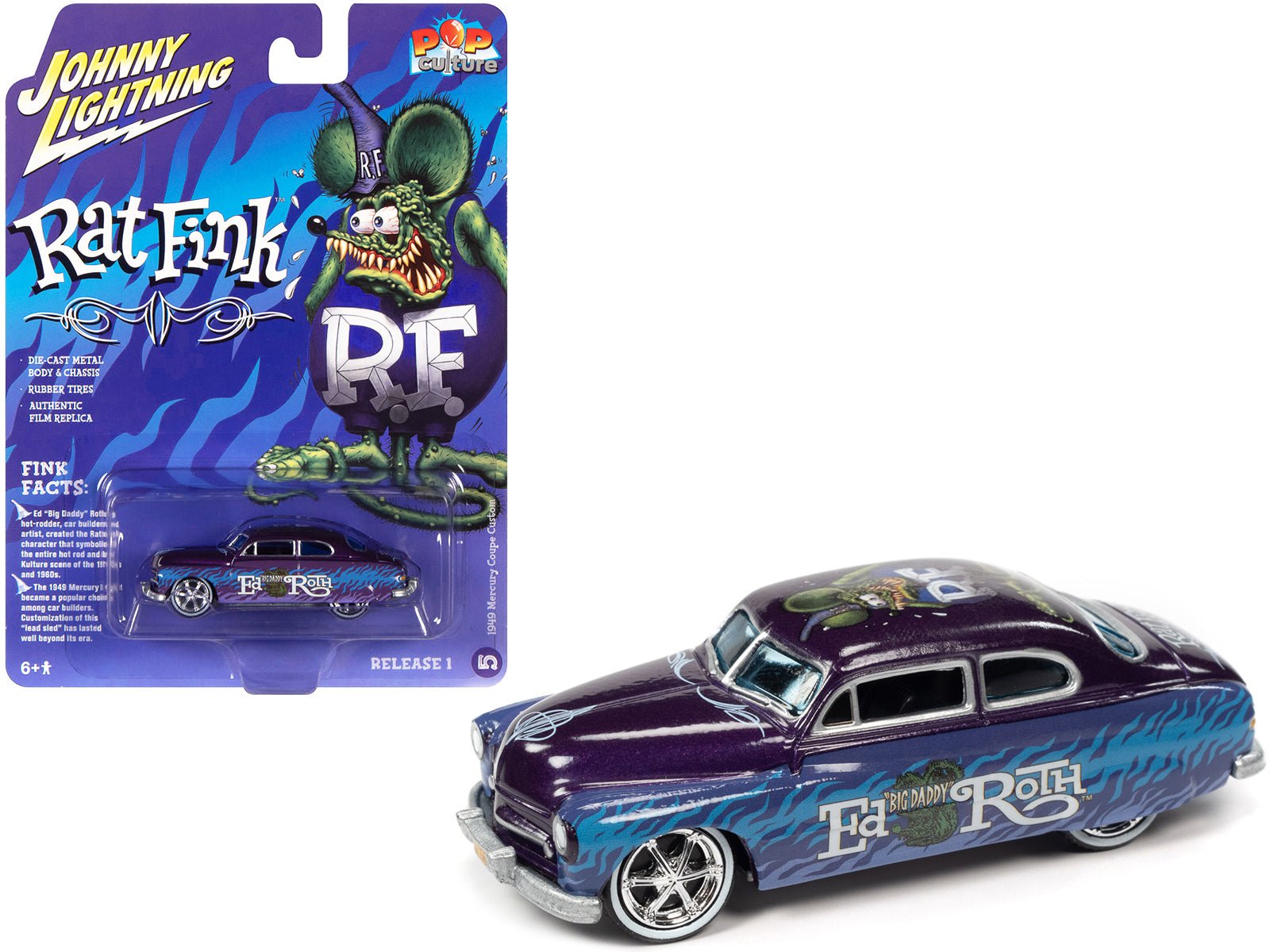 1949 Mercury Coupe Custom Purple Metallic with Graphics "Rat Fink" "Pop Culture" 2022 Release 1 1/64 Diecast Model Car by Johnny Lightning free shipping USA - Rapid Vehicles