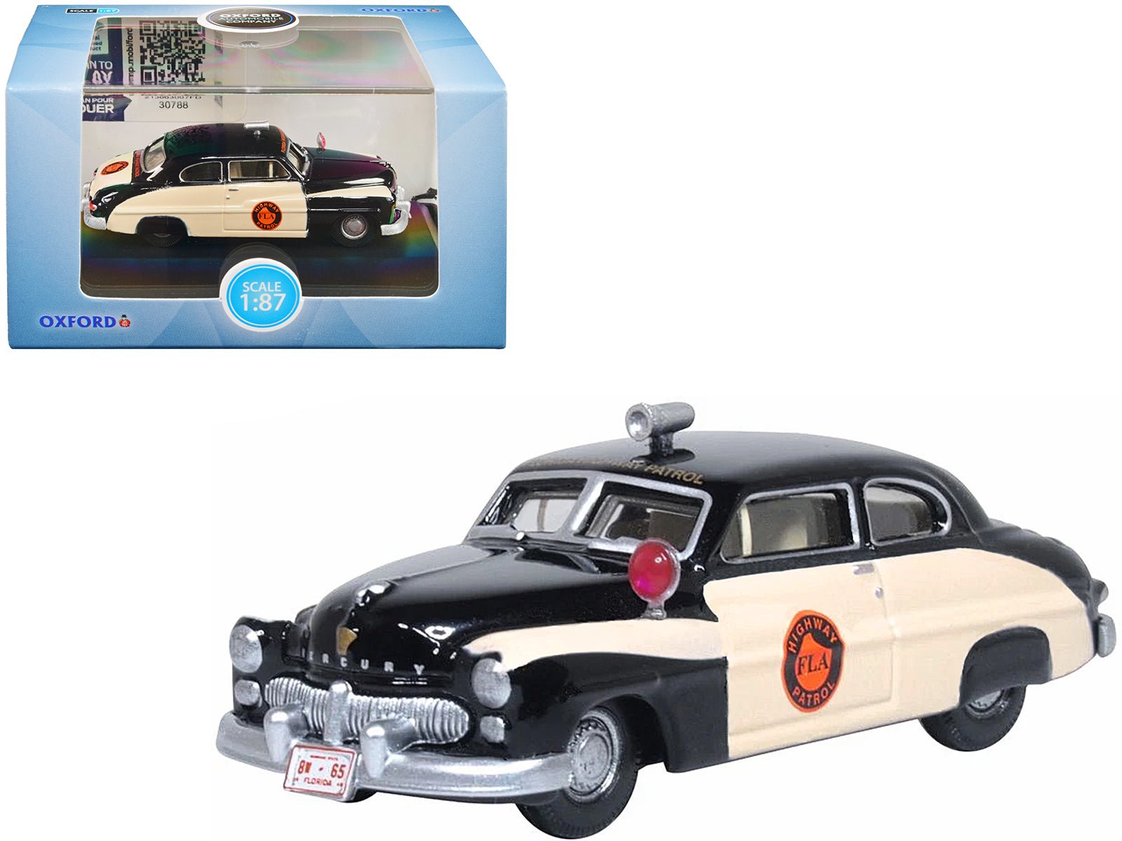 1949 Mercury Monarch Police Black and White "Florida Highway Patrol" 1/87 (HO) Scale Diecast Model Car by Oxford Diecast free shipping USA - Rapid Vehicles