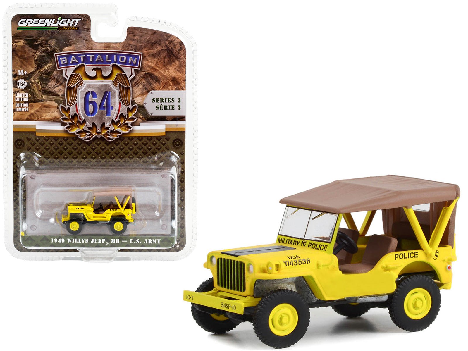 1949 Willys Jeep MB U.S. Army "545th Military Police Company Camp Drake Japan Training Camp" Yellow "Battalion 64" Series 3 1/64 Diecast Model Car by Greenlight free shipping USA - Rapid Vehicles