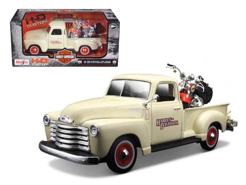 1950 Chevrolet 3100 Pickup Truck Cream 1/25 and 2001 FLSTS Heritage Springer Motorcycle Orange 1/24 "Harley-Davidson Custom" Series Diecast Models by Maisto free shipping USA - Rapid Vehicles