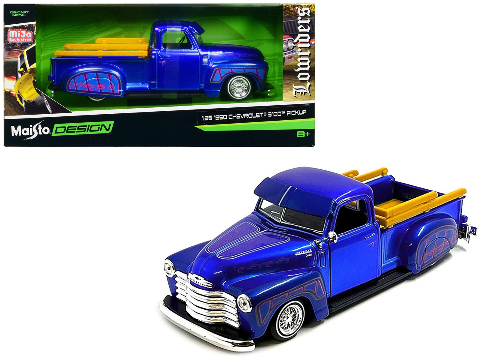 1950 Chevrolet 3100 Pickup Truck Lowrider Candy Blue with Graphics "Lowriders" Series 1/25 Diecast Model Car by Maisto free shipping USA - Rapid Vehicles