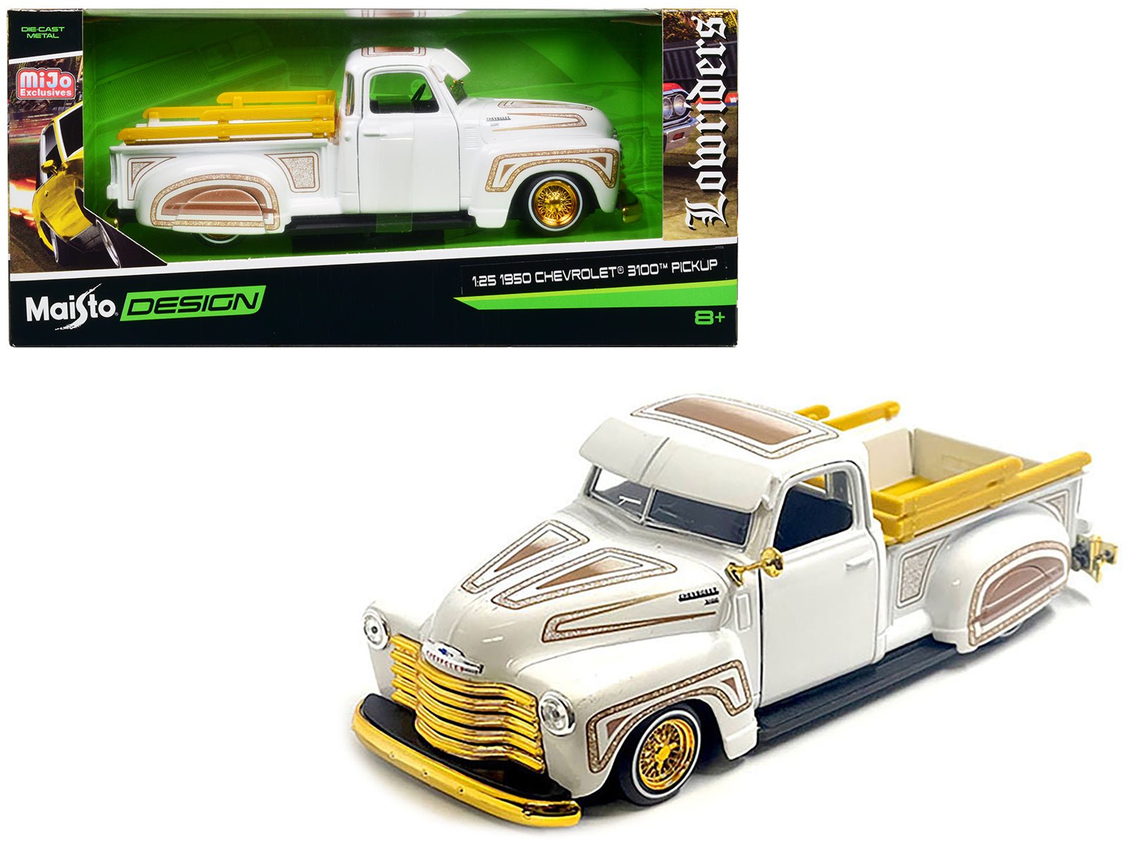 1950 Chevrolet 3100 Pickup Truck Lowrider White with Graphics and Gold Wheels "Lowriders" Series 1/25 Diecast Model Car by Maisto free shipping USA - Rapid Vehicles