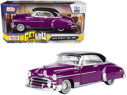 1950 Chevrolet Bel Air Lowrider Purple Metallic with Black Top and White Interior "Get Low" Series 1/24 Diecast Model Car by Motormax free shipping USA - Rapid Vehicles