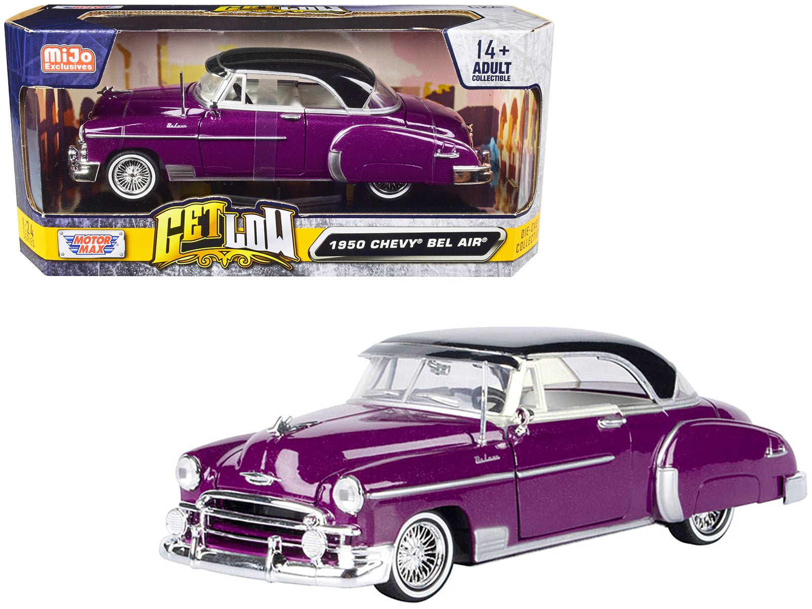 1950 Chevrolet Bel Air Lowrider Purple Metallic with Black Top and White Interior "Get Low" Series 1/24 Diecast Model Car by Motormax free shipping USA - Rapid Vehicles