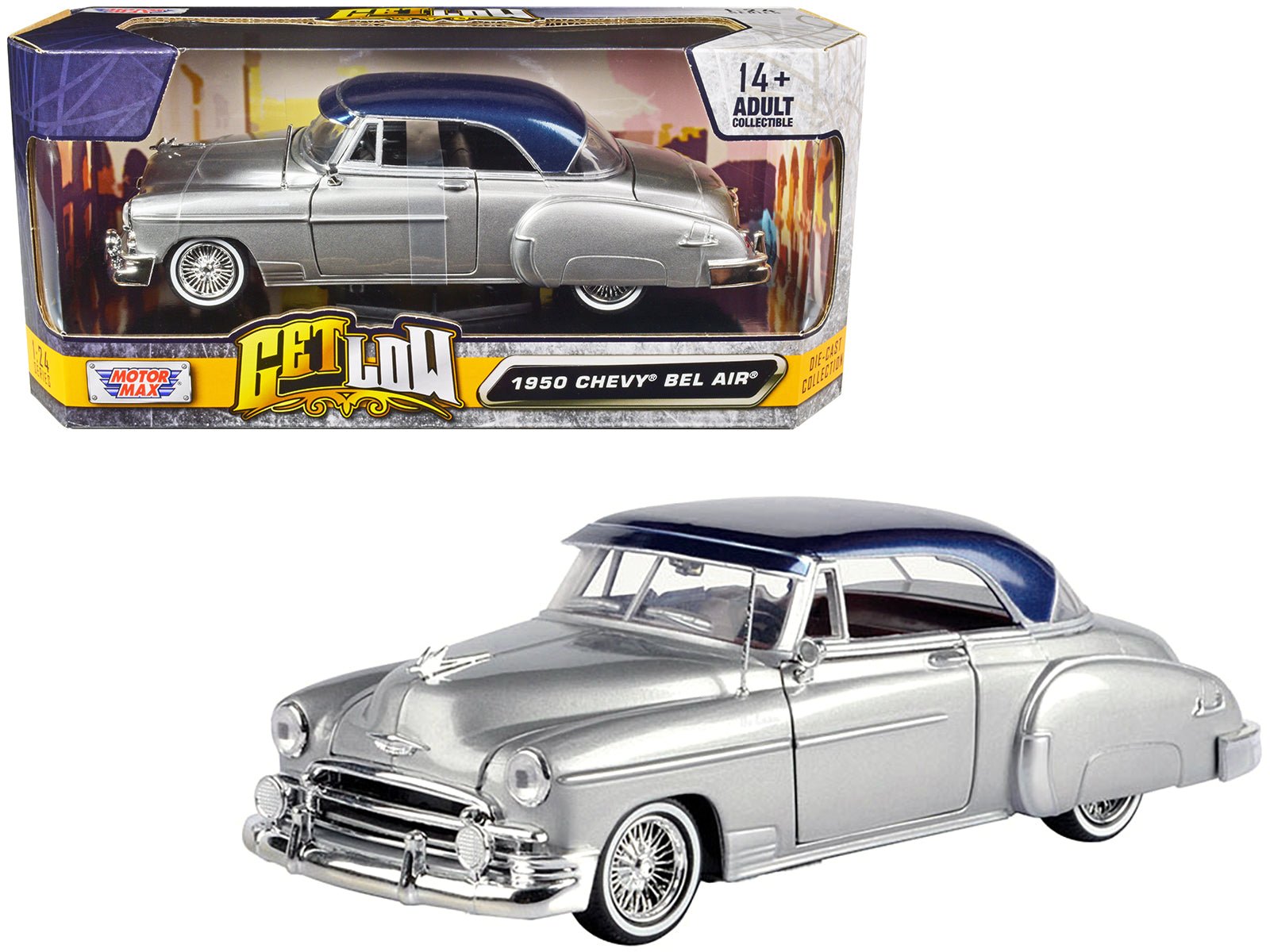 1950 Chevrolet Bel Air Lowrider Silver Metallic with Blue Metallic Top "Get Low" Series 1/24 Diecast Model Car by Motormax free shipping USA - Rapid Vehicles