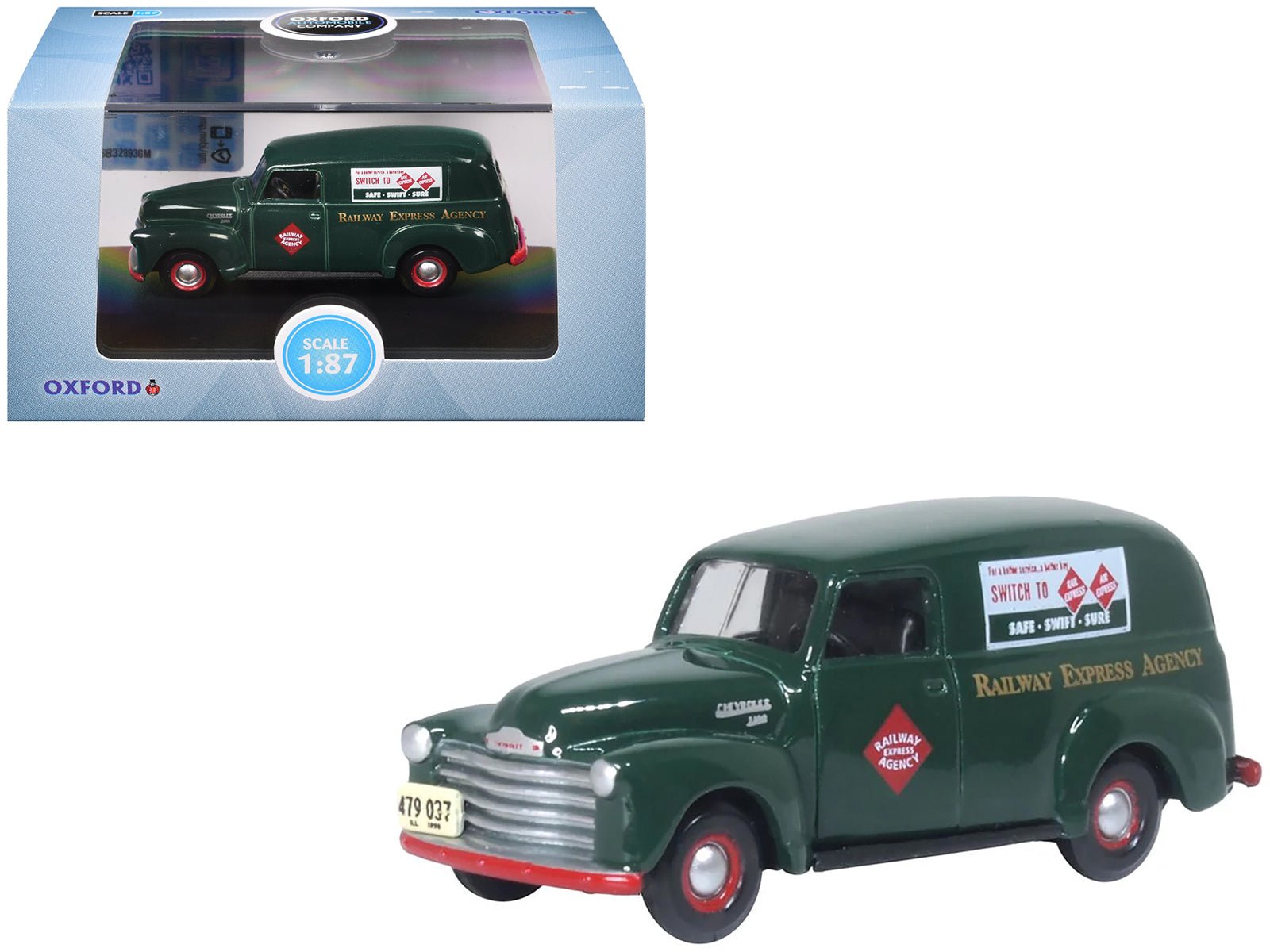 1950 Chevrolet Panel Van "Railway Express Agency" Dark Green 1/87 (HO) Scale Diecast Model Car by Oxford Diecast free shipping USA - Rapid Vehicles