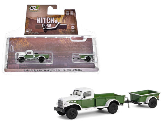 1950 Dodge Power Wagon Pickup Truck Green and White with 1/4 Ton Cargo Trailer Green "Hitch & Tow" Series 32 1/64 Diecast Model Cars by Greenlight free shipping USA - Rapid Vehicles