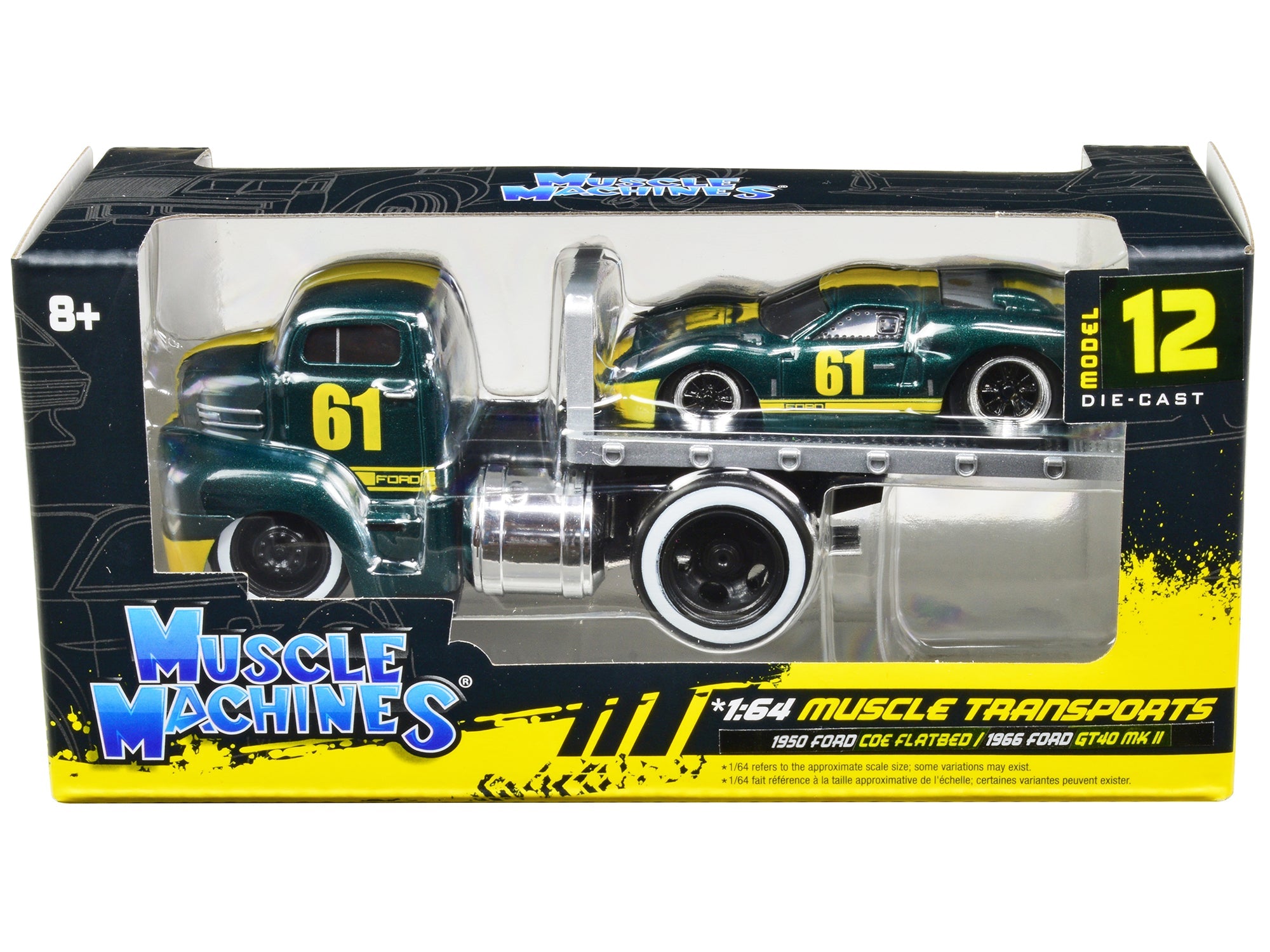 1950 Ford COE Flatbed Truck 61 and 1966 Ford GT40 MK II 61 Green Metallic with Yellow Stripes "Muscle Transports" Series 1/64 Diecast Model Cars by Muscle Machines free shipping USA - Rapid Vehicles