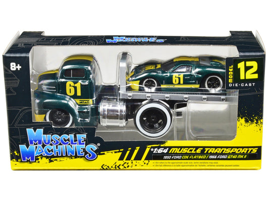 1950 Ford COE Flatbed Truck 61 and 1966 Ford GT40 MK II 61 Green Metallic with Yellow Stripes "Muscle Transports" Series 1/64 Diecast Model Cars by Muscle Machines free shipping USA - Rapid Vehicles