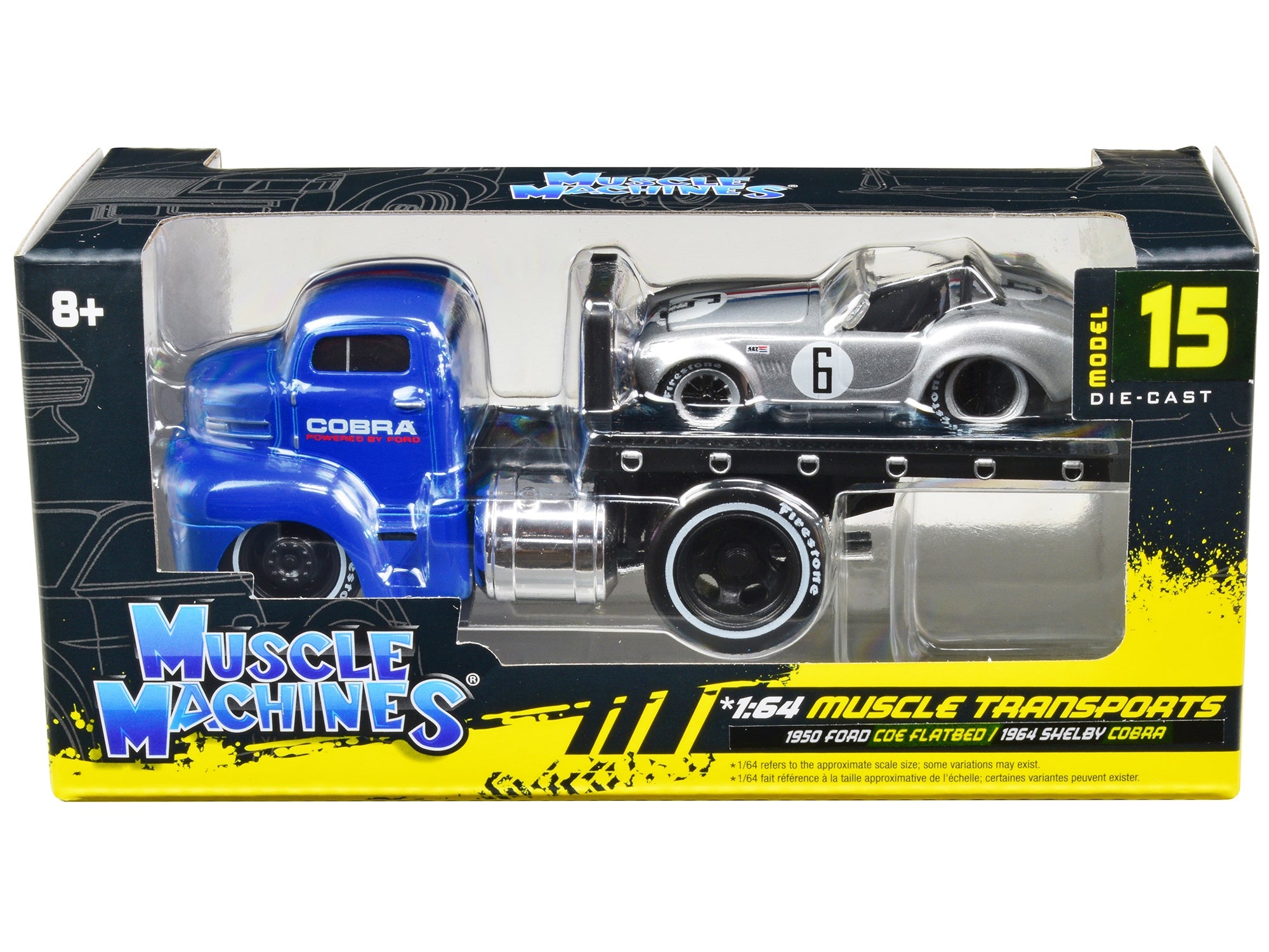 1950 Ford COE Flatbed Truck Blue "Cobra Powered by Ford" and 1964 Shelby Cobra 6 Silver Metallic with Stripes "Muscle Transports" Series 1/64 Diecast Model Cars by Muscle Machines free shipping USA - Rapid Vehicles