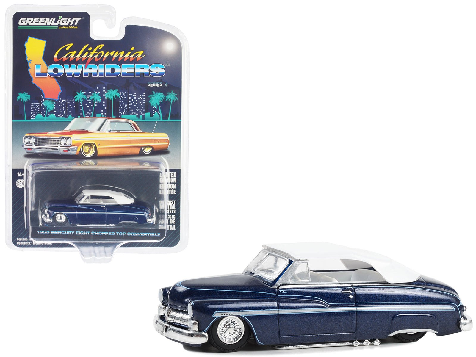 1950 Mercury Eight Chopped Top Convertible Lowrider Dark Blue Metallic with Light Blue Pinstripes and White Top and Interior "California Lowriders" Series 4 1/64 Diecast Model Car by Greenlight free shipping USA - Rapid Vehicles