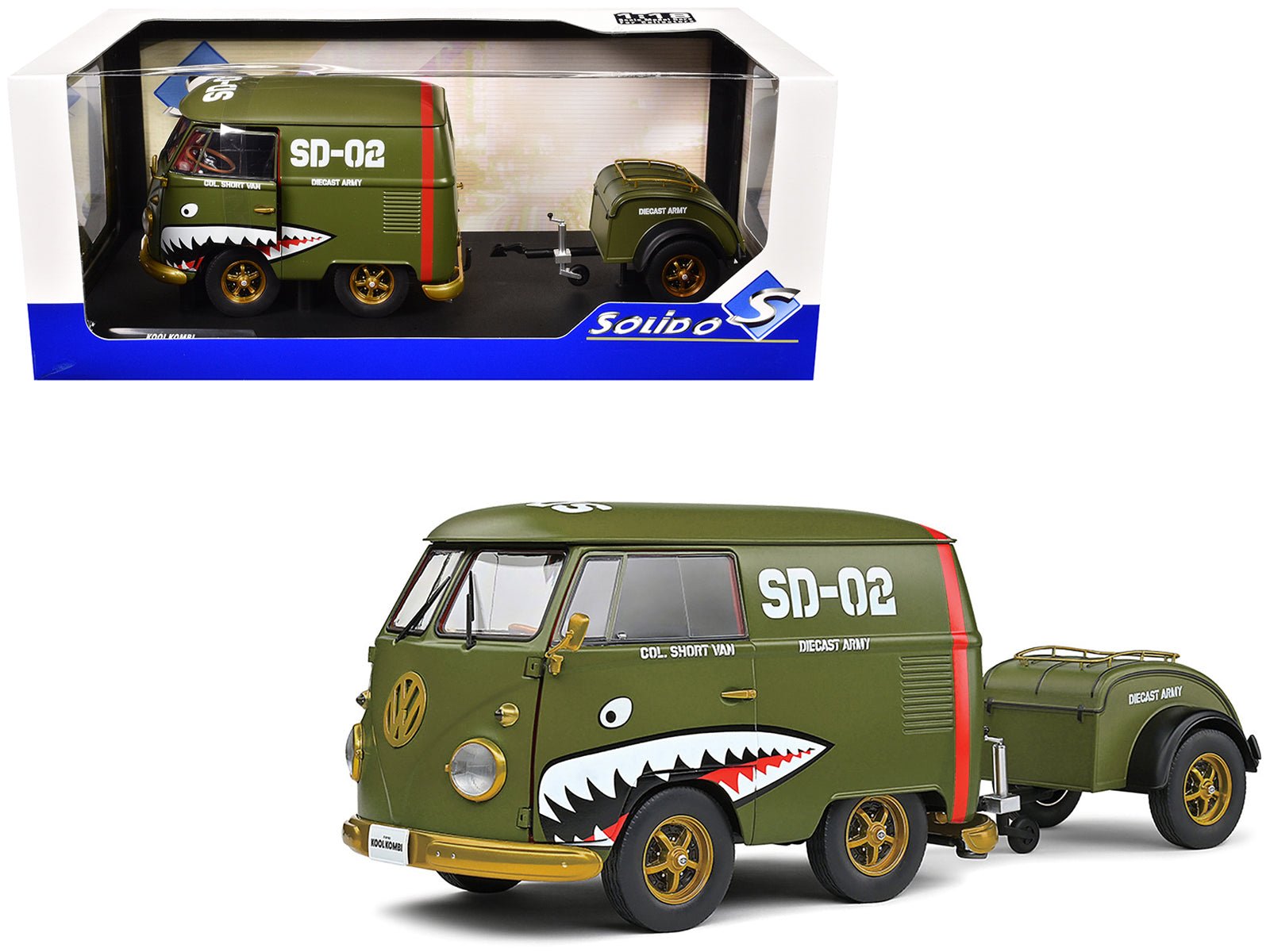 1950 Volkswagen Kool Kombi Van with Trailer "Army Fighter" Green with Graphics 1/18 Diecast Model Car by Solido free shipping USA - Rapid Vehicles