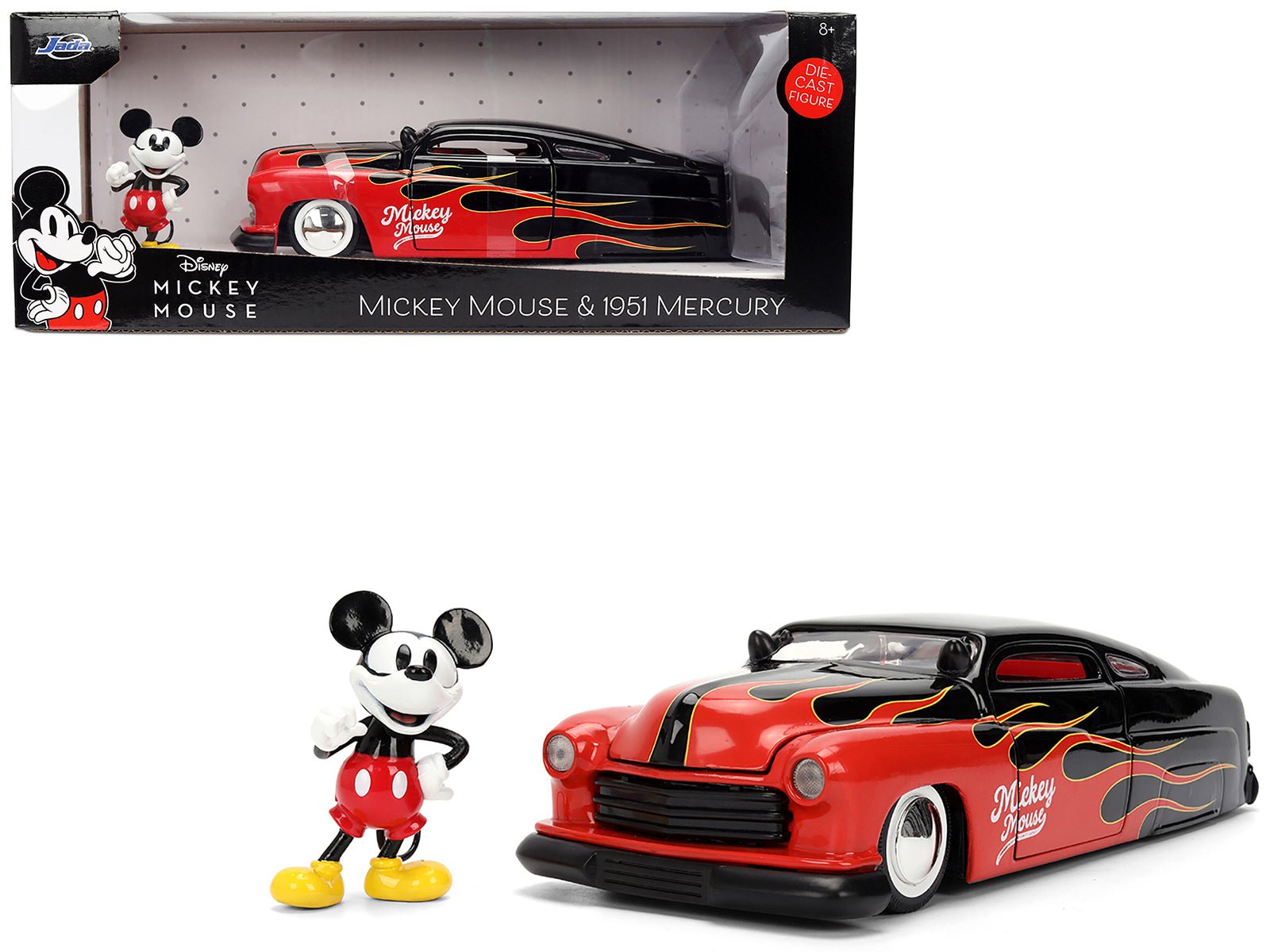 1951 Mercury Coupe Black with Flame Graphics and Red Interior and Mickey Mouse Diecast Figure "Disney's Mickey Mouse" "Hollywood Rides" Series 1/24 Diecast Model Car by Jada free shipping USA - Rapid Vehicles