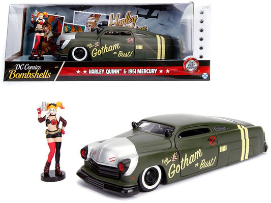 1951 Mercury Matt Green with Harley Quinn Diecast Figurine "DC Comics Bombshells" Series 1/24 Diecast Model Car by Jada free shipping USA - Rapid Vehicles