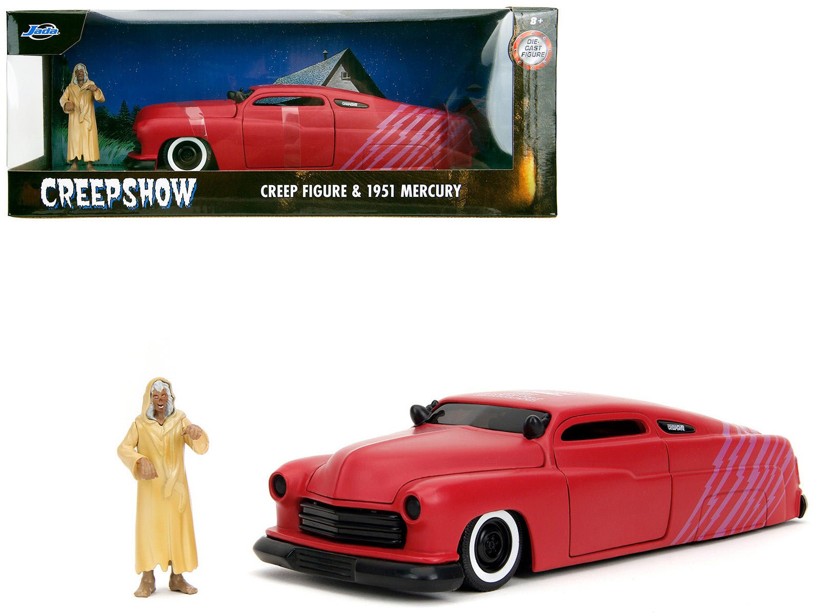 1951 Mercury Matt Red with Purple Stripes and Creep Diecast Figure "Creepshow" (1982) Movie "Hollywood Rides" Series 1/24 Diecast Model Car by Jada free shipping USA - Rapid Vehicles
