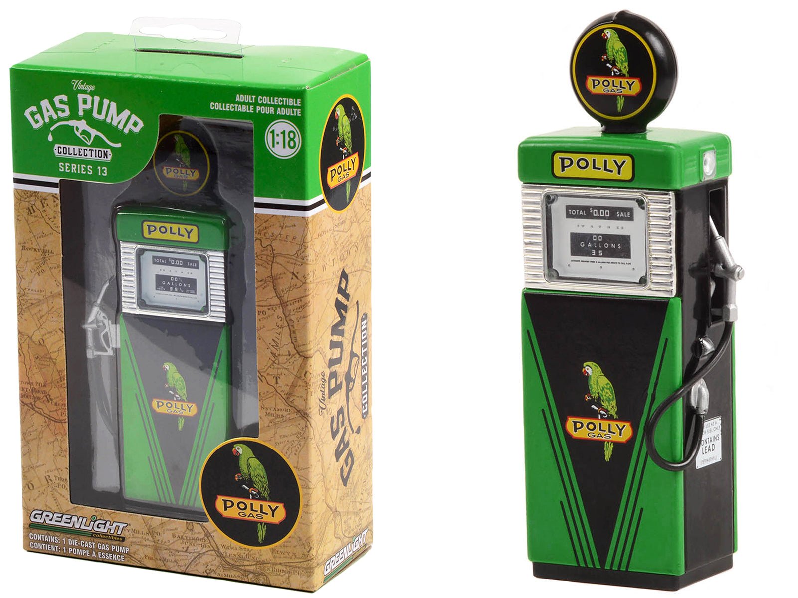 1951 Wayne 505 Gas Pump "Polly Gas" Green and Black "Vintage Gas Pumps" Series 13 1/18 Diecast Model by Greenlight free shipping USA - Rapid Vehicles