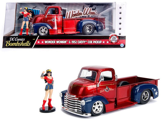 1952 Chevrolet COE Pickup Truck Candy Red and Blue with Wonder Woman Diecast Figure "DC Comics Bombshells" Series "Hollywood Rides" 1/24 Diecast Model Car by Jada free shipping USA - Rapid Vehicles