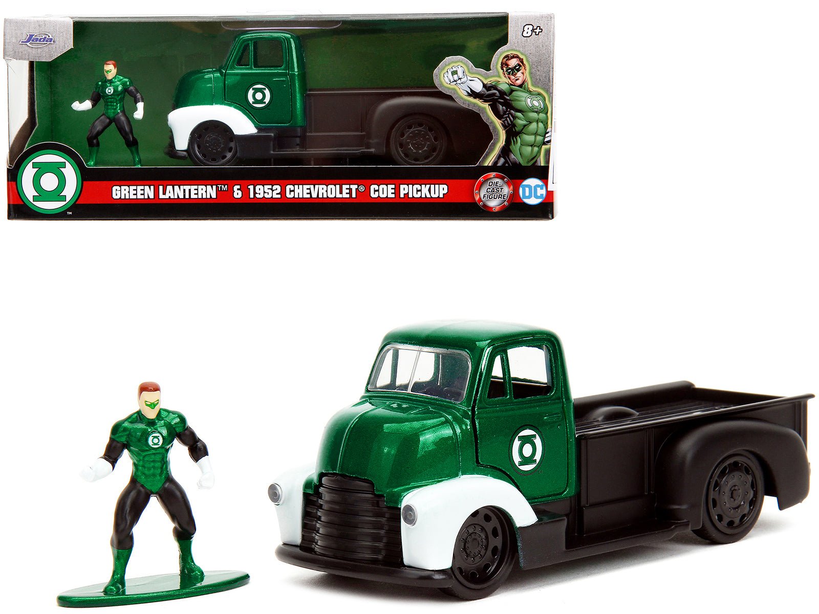 1952 Chevrolet COE Pickup Truck Green Metallic and Black and Green Lantern Diecast Figure "DC Comics" "Hollywood Rides" Series 1/32 Diecast Model Car by Jada free shipping USA - Rapid Vehicles
