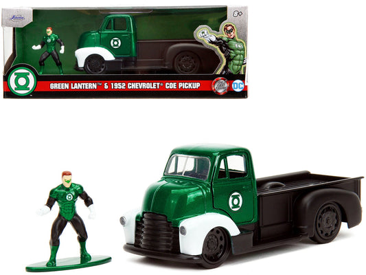 1952 Chevrolet COE Pickup Truck Green Metallic and Black and Green Lantern Diecast Figure "DC Comics" "Hollywood Rides" Series 1/32 Diecast Model Car by Jada free shipping USA - Rapid Vehicles