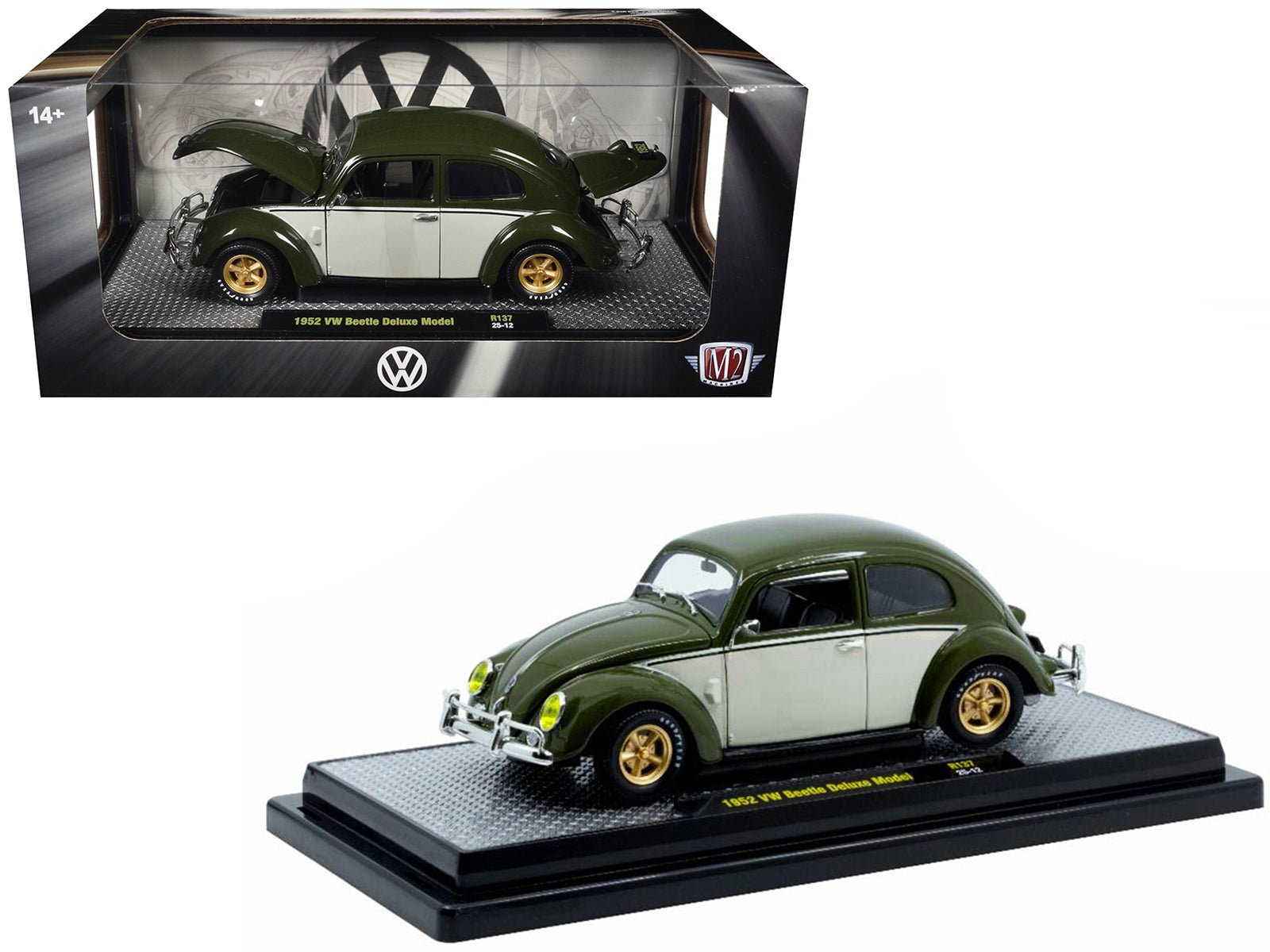1952 Volkswagen Beetle Deluxe Model Dark Green with Beige Sides Limited Edition to 5250 pieces Worldwide 1/24 Diecast Model Car by M2 Machines free shipping USA - Rapid Vehicles