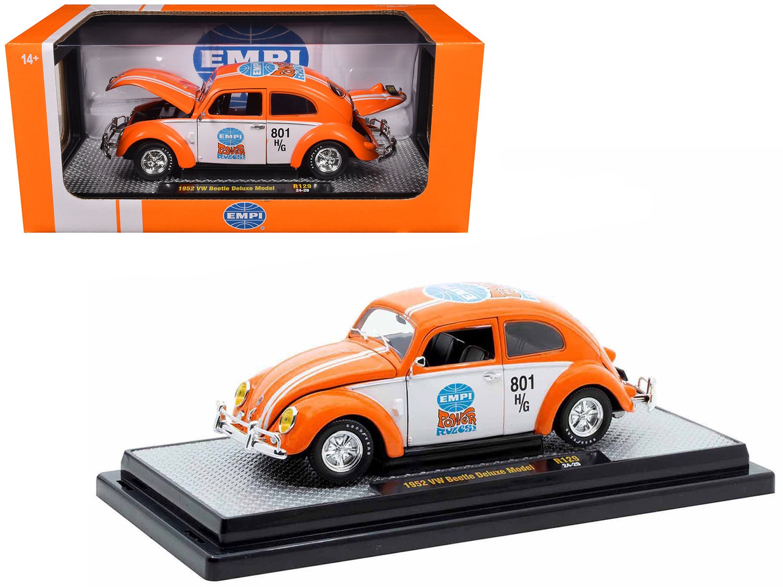 1952 Volkswagen Beetle Deluxe Model "EMPI Power Rules" Orange and White with Graphics Limited Edition to 6650 pieces Worldwide 1/24 Diecast Model Car by M2 Machines free shipping USA - Rapid Vehicles