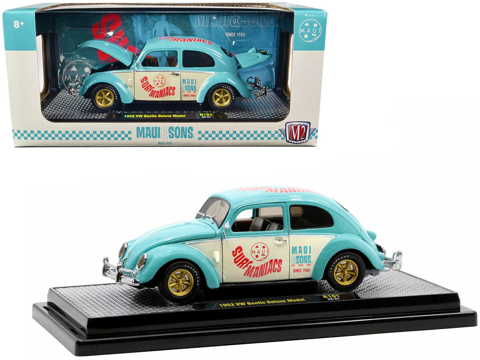 1952 Volkswagen Beetle Deluxe Model Light Blue and Wimbledon White “Maui & Sons” Limited Edition to 3850 pieces Worldwide 1/24 Diecast Model Car by M2 Machines free shipping USA - Rapid Vehicles