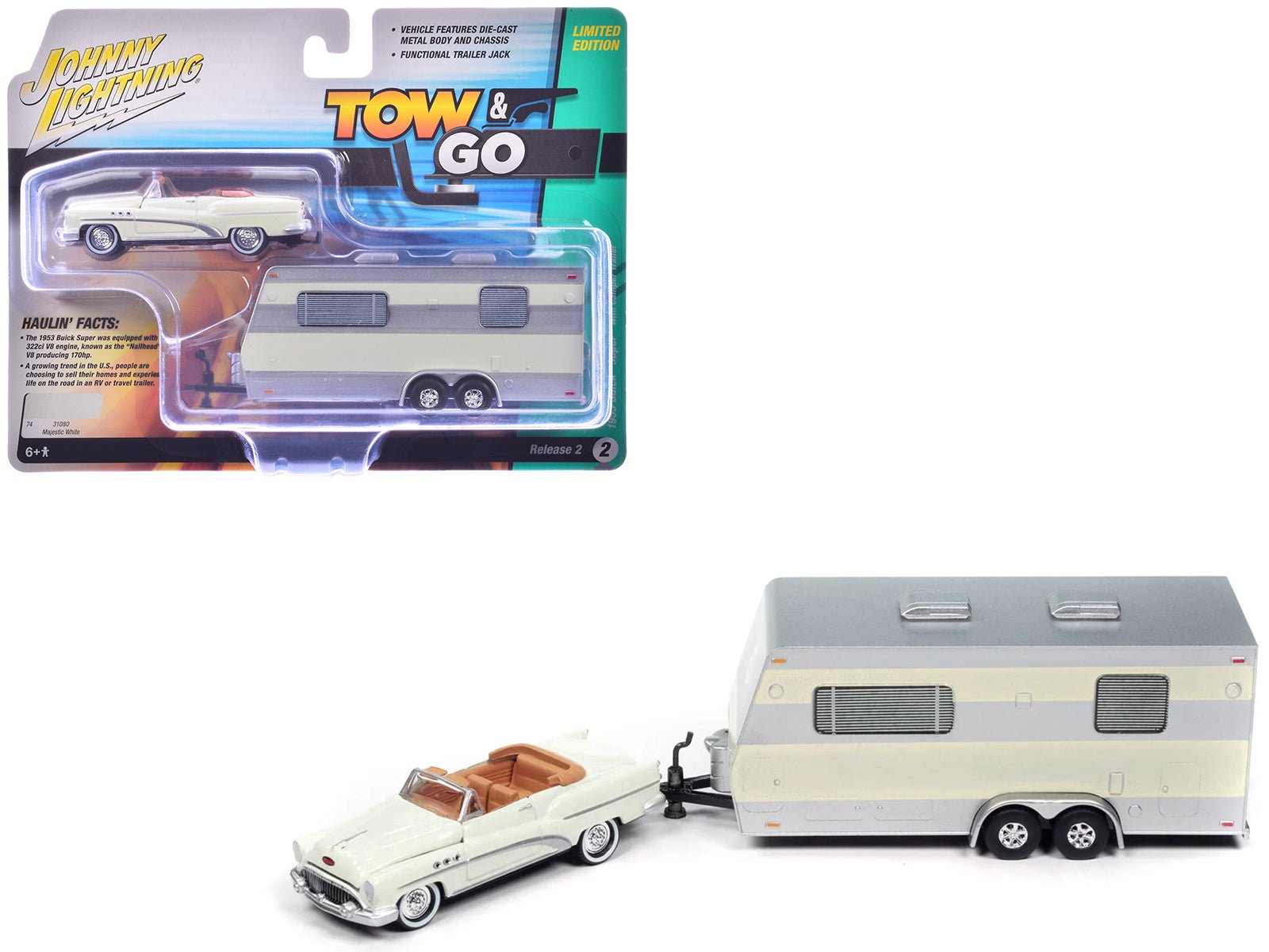 1953 Buick Super Cream with Travel Trailer Limited Edition "Tow & Go" Series 1/64 Diecast Model Car by Johnny Lightning free shipping USA - Rapid Vehicles
