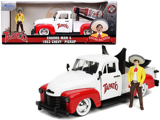 1953 Chevrolet Pickup Truck White and Red with Charro Man Diecast Figurine "Tapatio" 1/24 Diecast Model Car by Jada free shipping USA - Rapid Vehicles